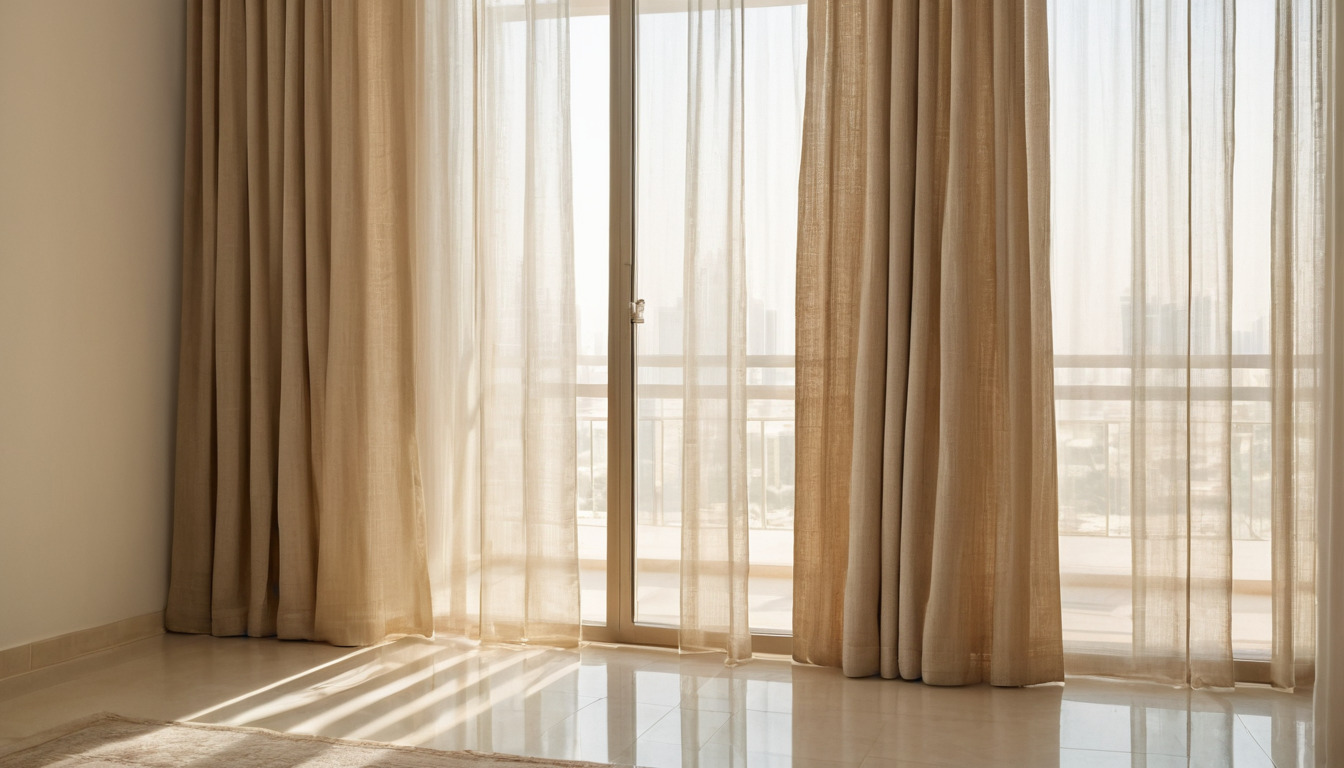 Sheer linen curtain glowing where strong sun passes through