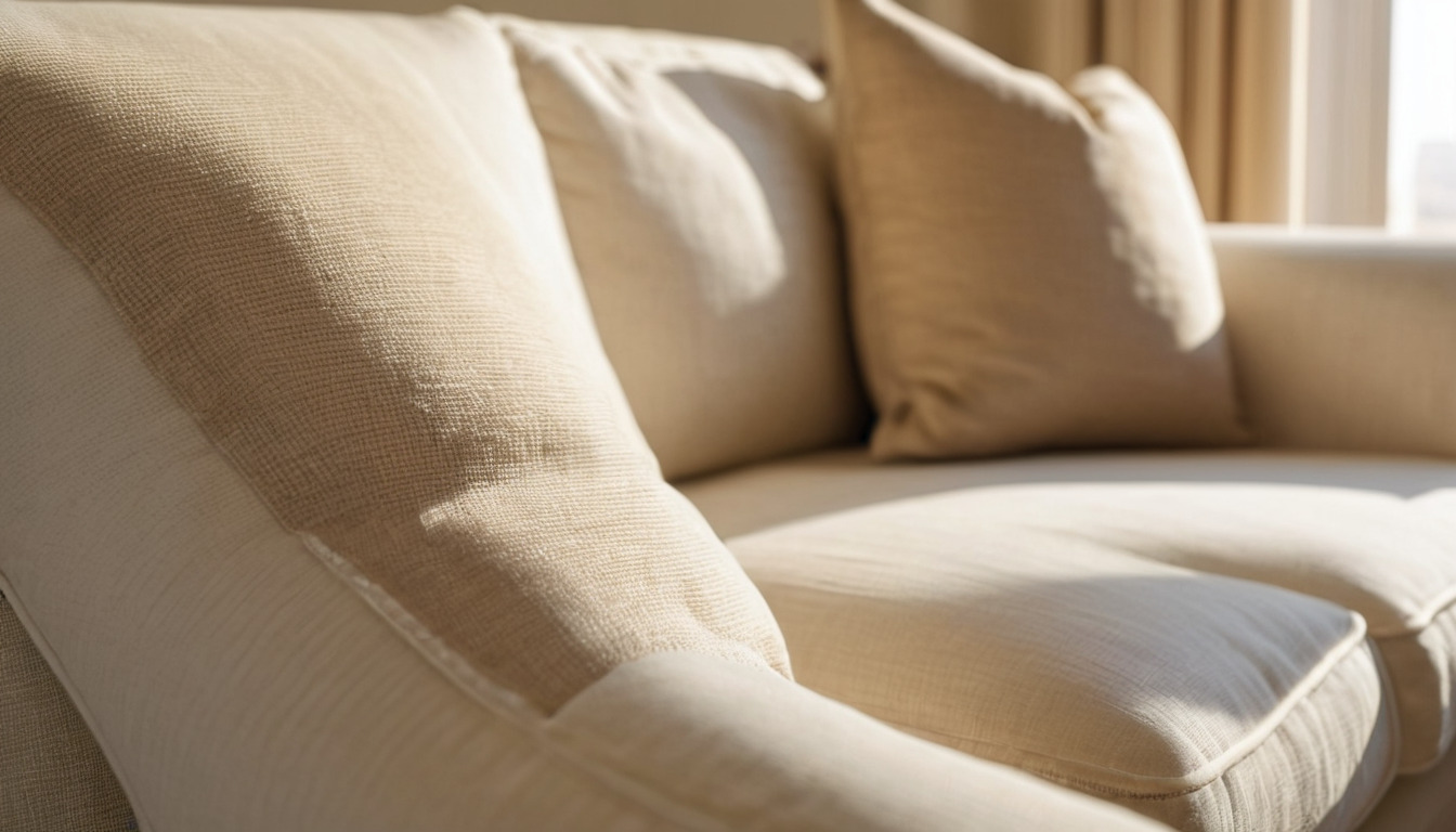 Sunlit sofa arm showing a faded band where sun strikes the fabric