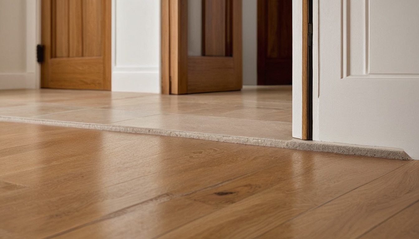 Engineered oak floor meeting a stone threshold with an expansion gap