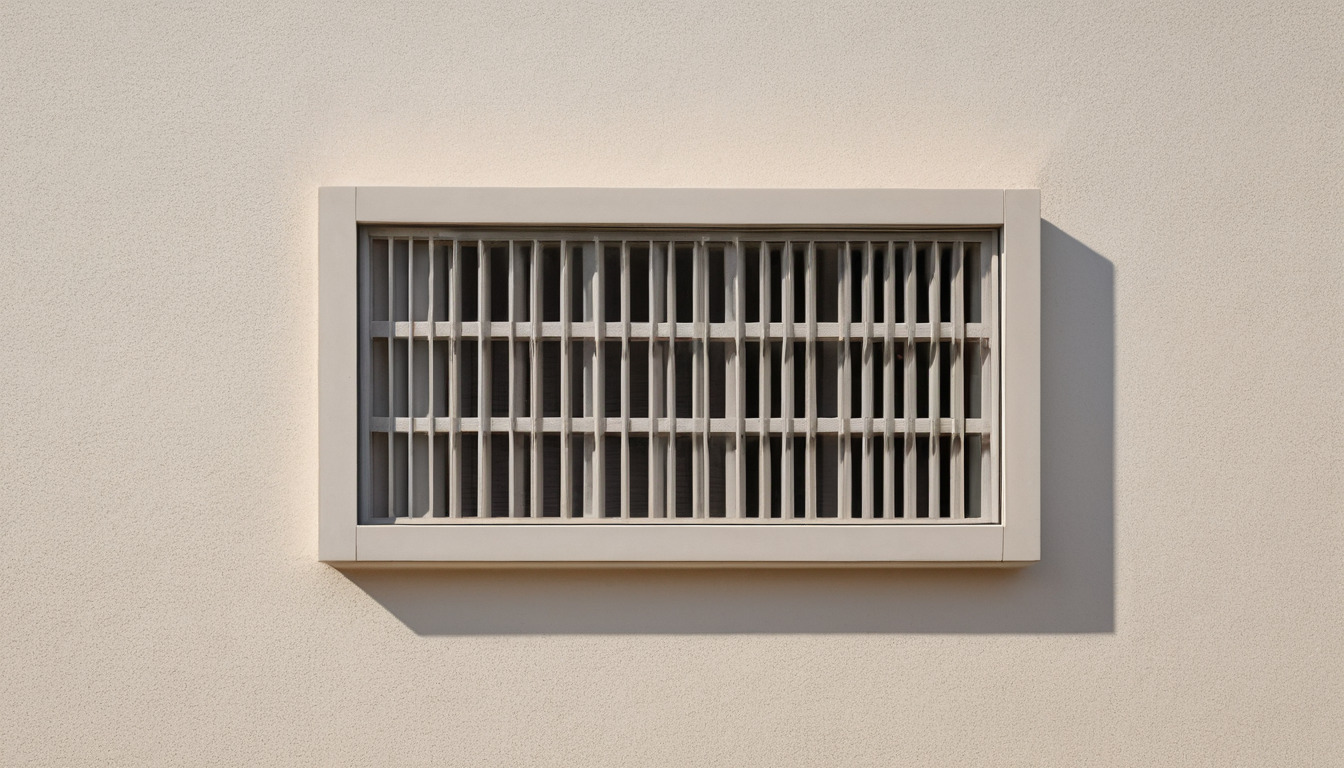 External duct termination on a rendered wall with a weather grille