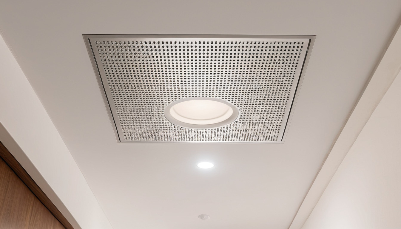Ceiling supply diffuser and return grille in a plastered ceiling above a corridor