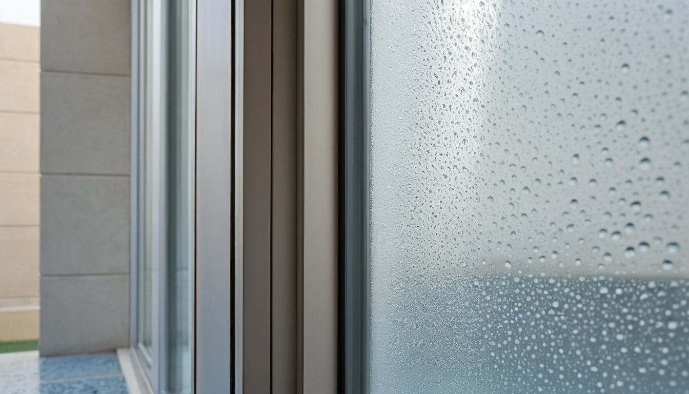Close view of condensation forming on a cooled glazed door beside a stone floor in a Dubai interior