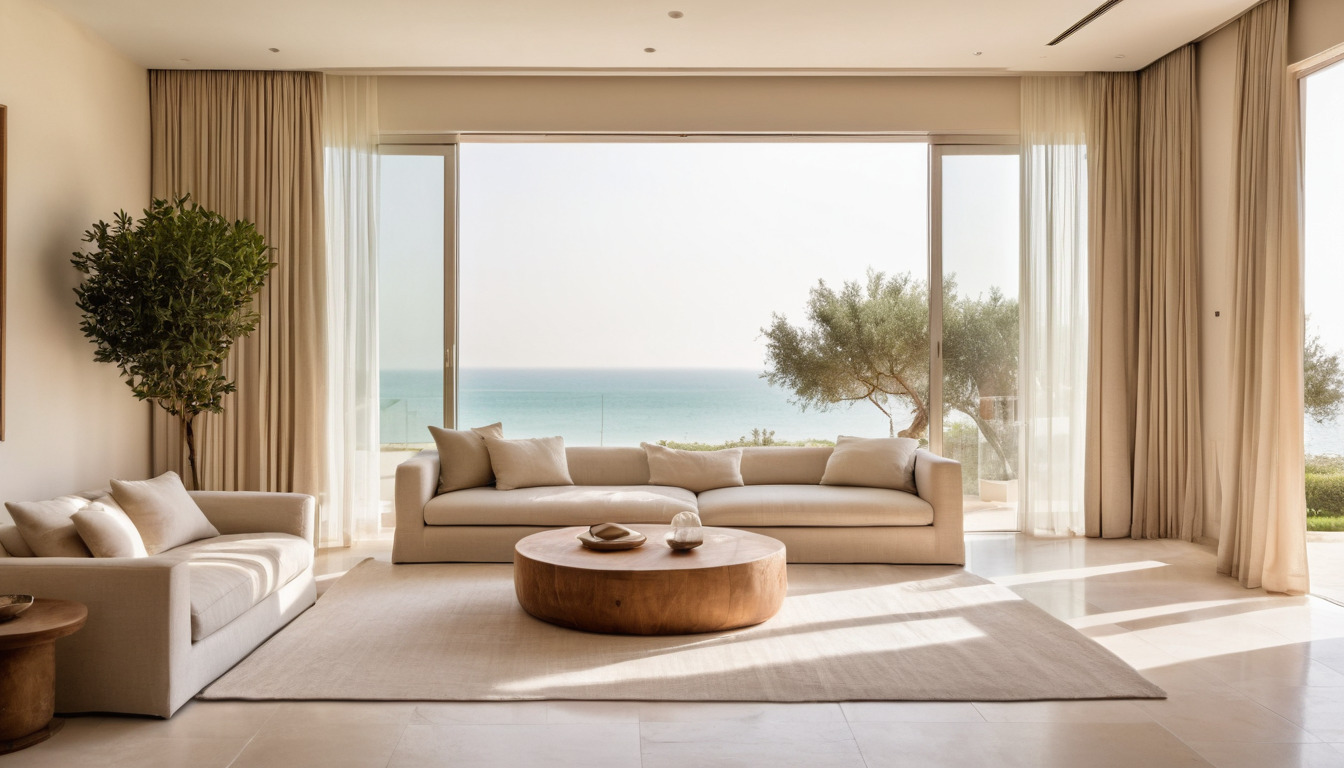 Coastal villa living room in the Jebel Ali corridor with floor-to-ceiling glazing overlooking the sea