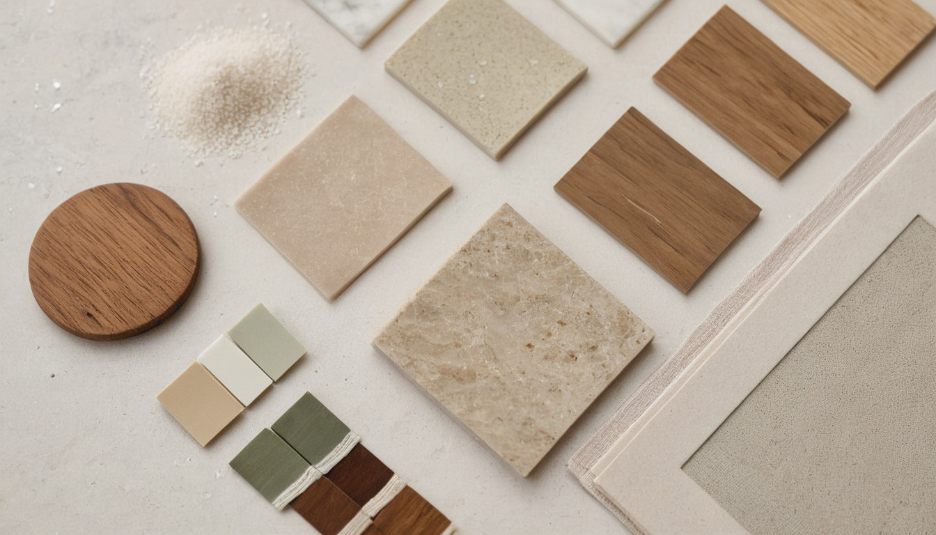Material samples for a coastal interior laid out on a table: stone, oak, brass, linen and porcelain