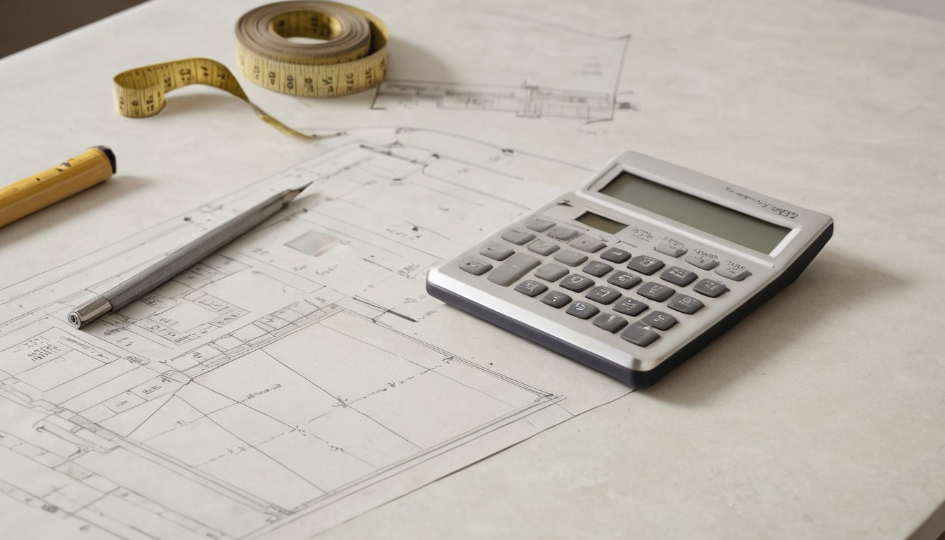 Desk with calculator, tape measure and a blank floor plan outline