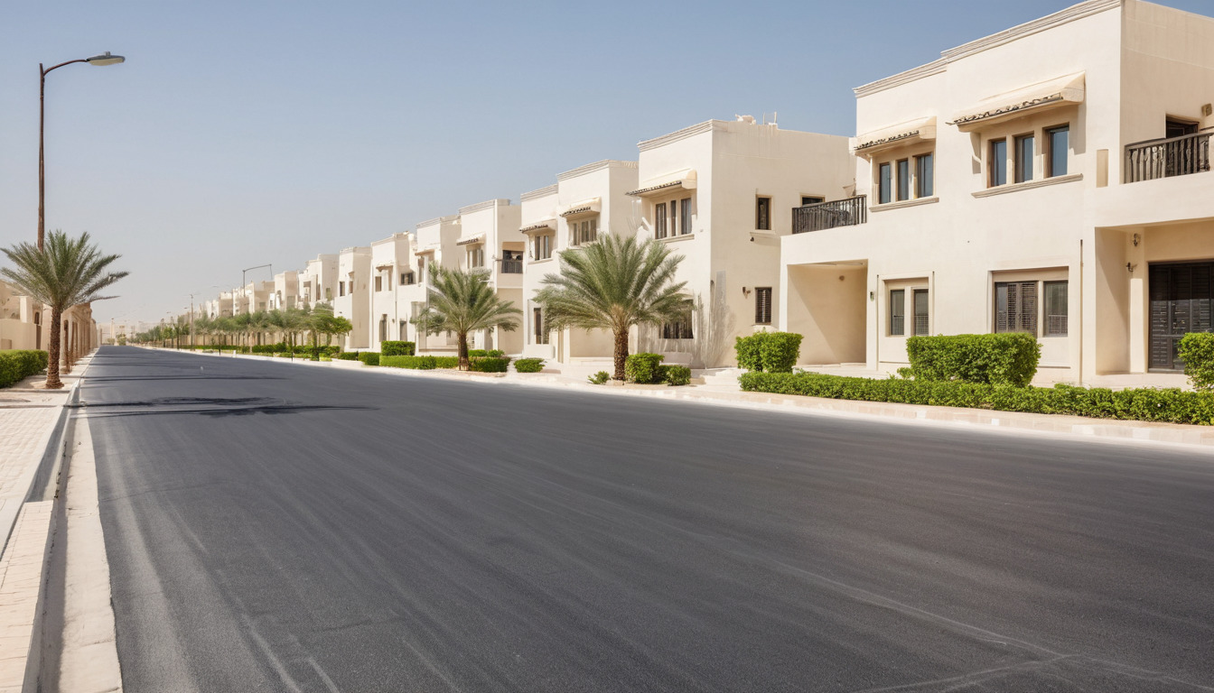 Empty new community street with young palms and no vehicles