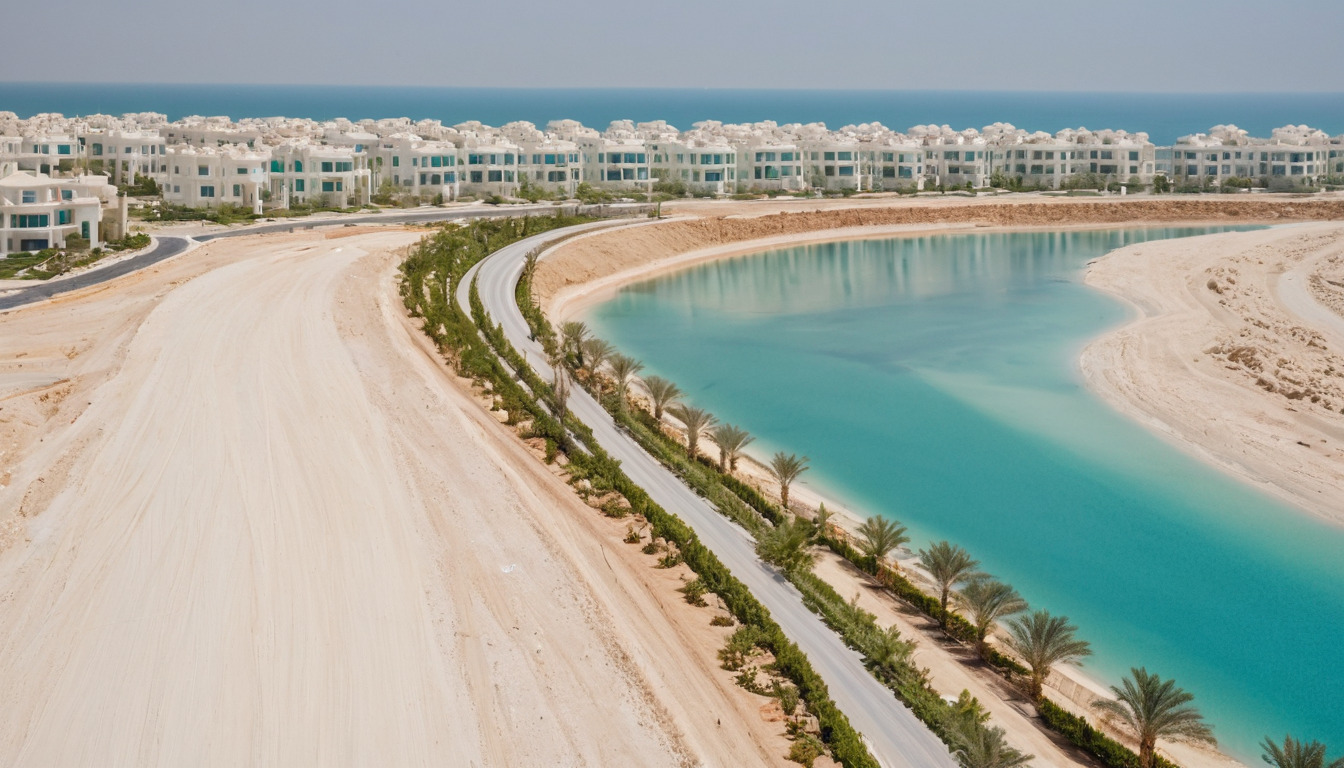Island frond with villas at visibly different construction stages