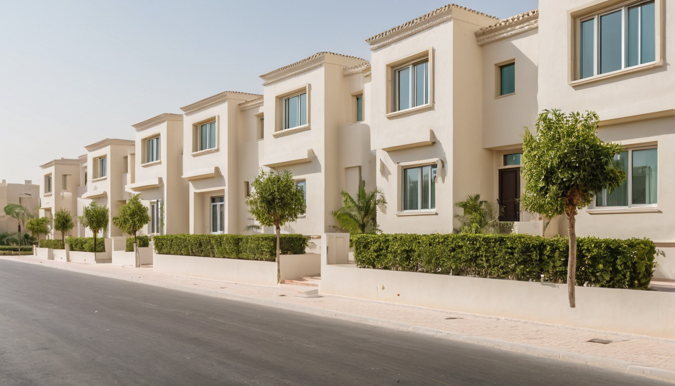 Row of newly handed-over townhouses with protective wrap still on the doors