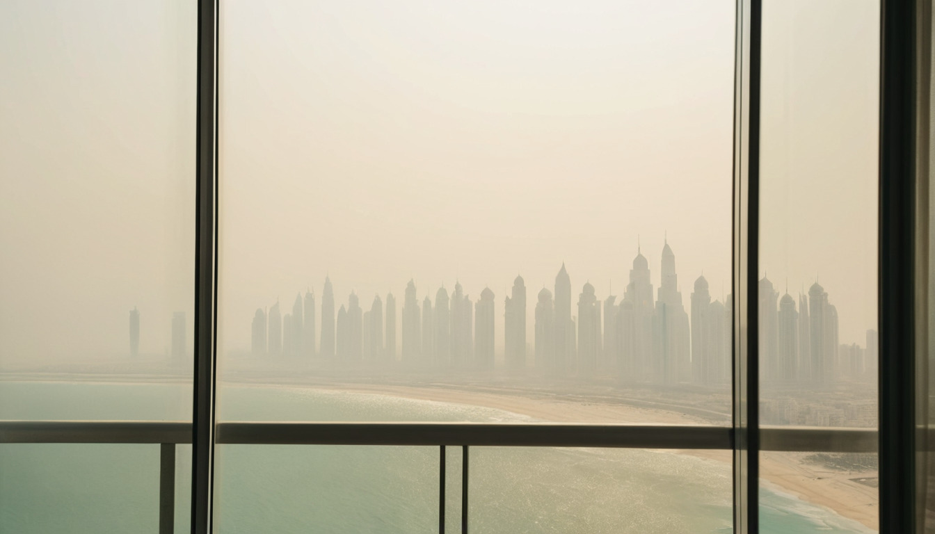Coastal skyline in heavy summer haze seen through a glazed balcony