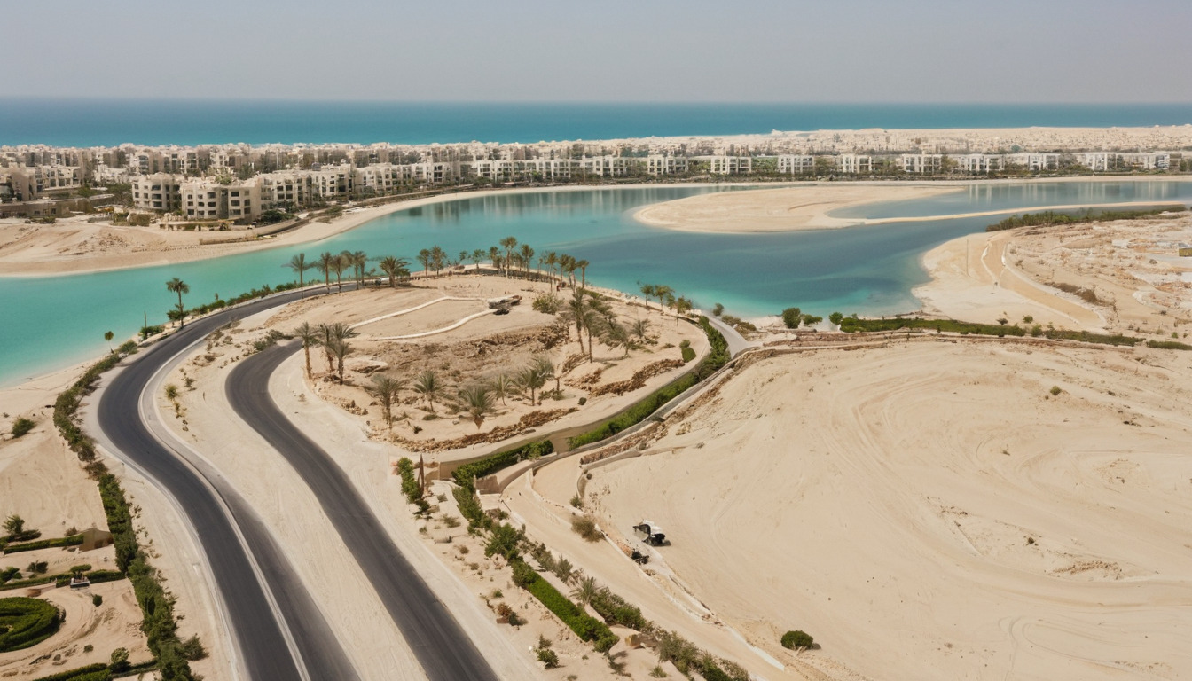 Reclaimed island frond with villas at different stages of completion seen from a raised vantage