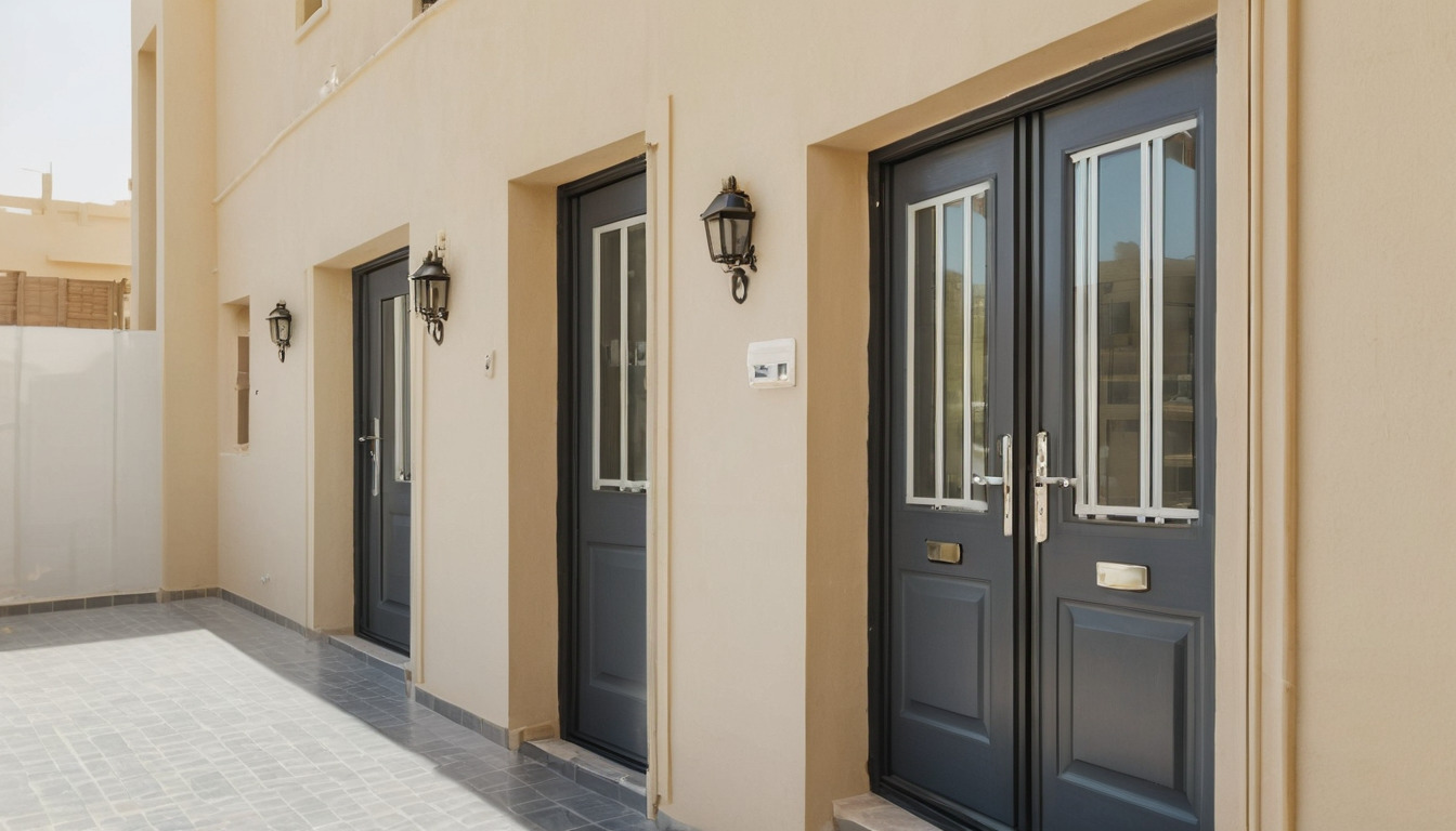 Row of townhouse doors with protective film and keys taped beside