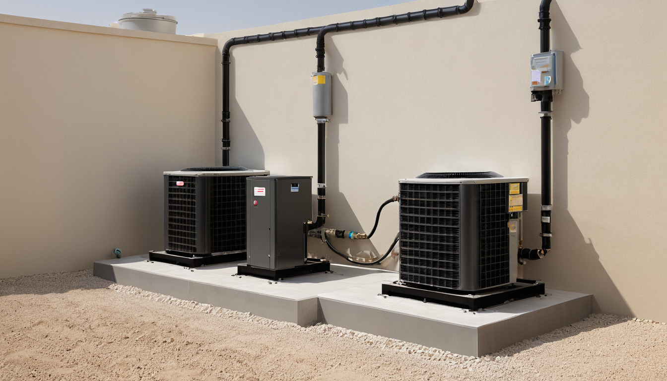 Villa plant room with air conditioning units and insulated pipework