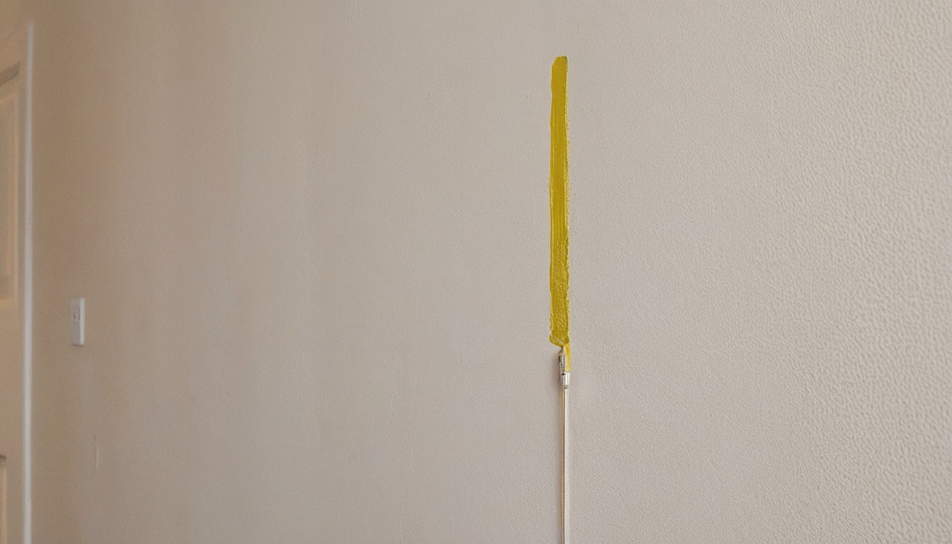 Snagging inspection of a finished wall with tape marks and a level beside it