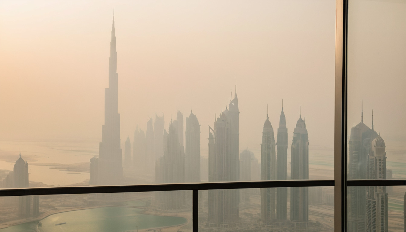 Hazy humid Dubai skyline seen through a glazed balcony with visible heat haze
