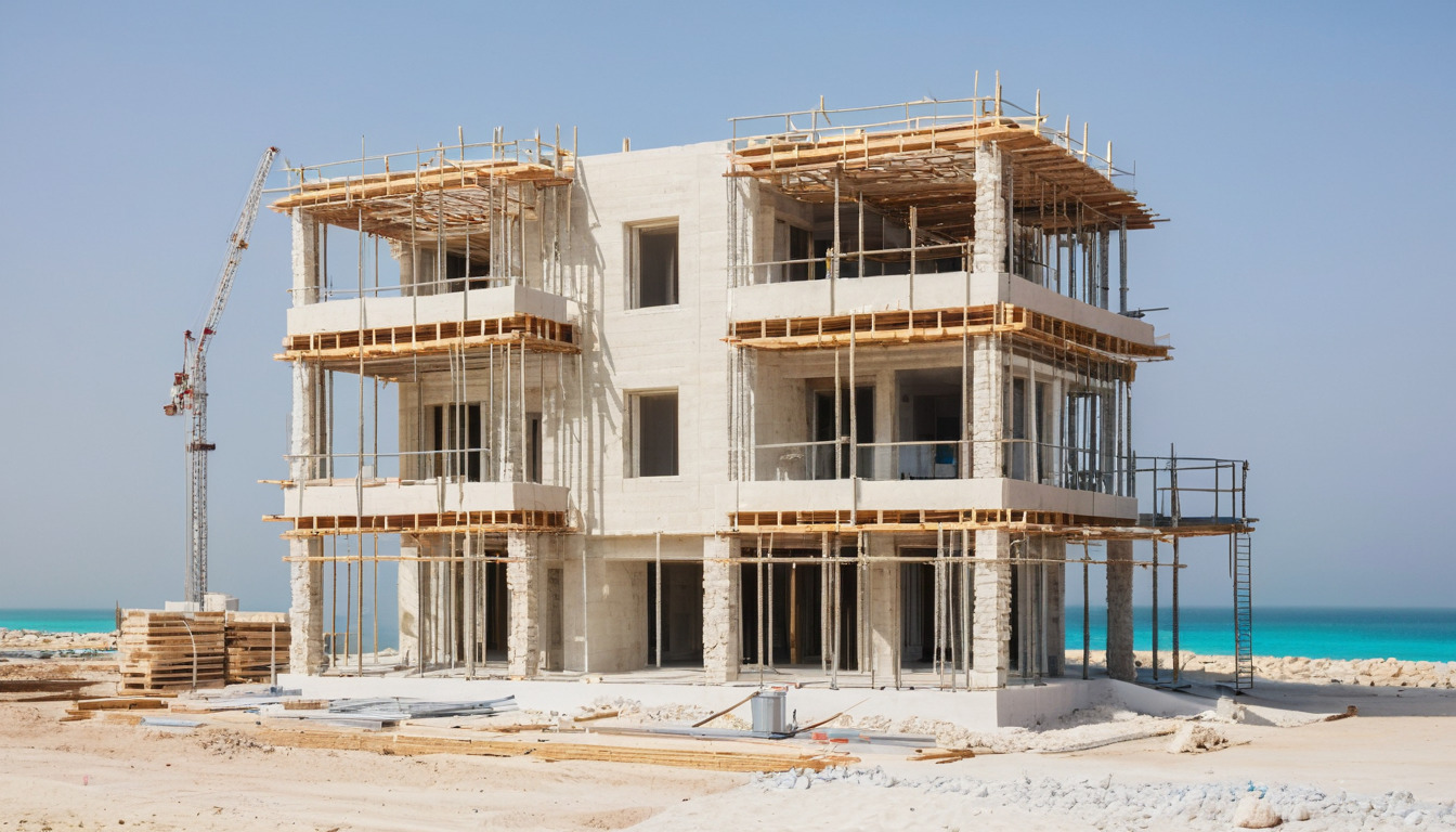 Beachfront villa wrapped in scaffolding at external finishing stage