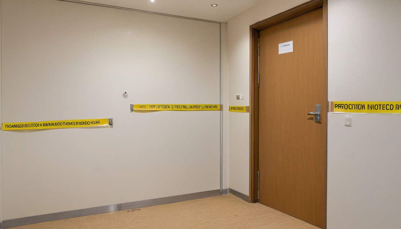Site hoarding and protected entrance at the start of fit-out works