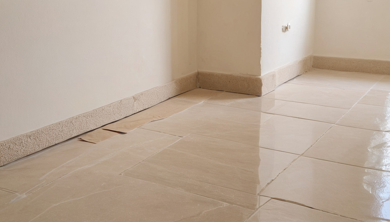 Newly laid stone floor under protection board before second fix