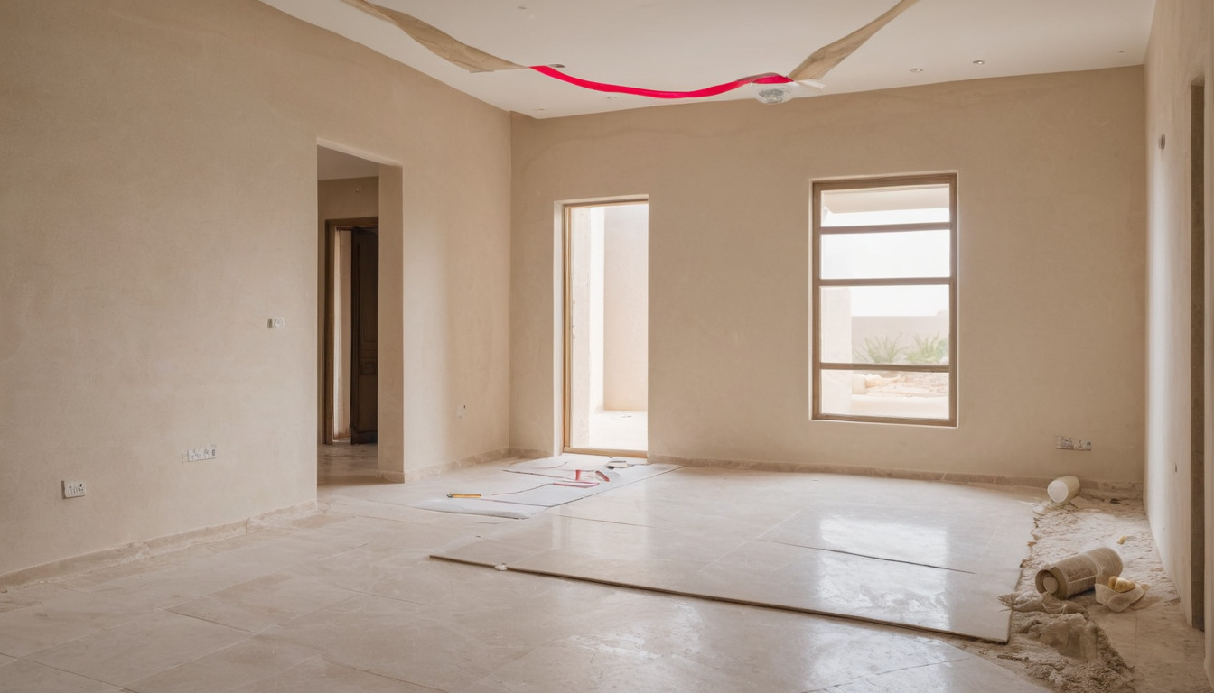 Empty interior at snagging stage with marked defects on a plastered wall and a taped floor