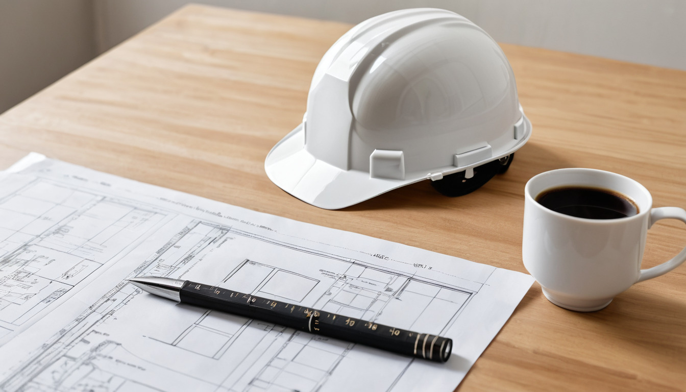 Rolled architectural drawings and a hard hat on a desk beside a laptop showing a floor plan