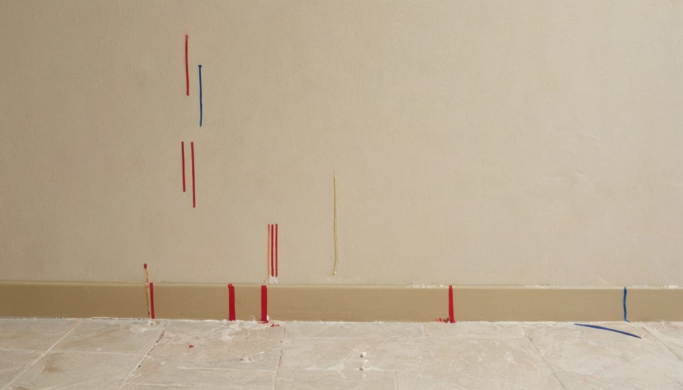 Coloured tape marks flagging snags on a finished wall and skirting