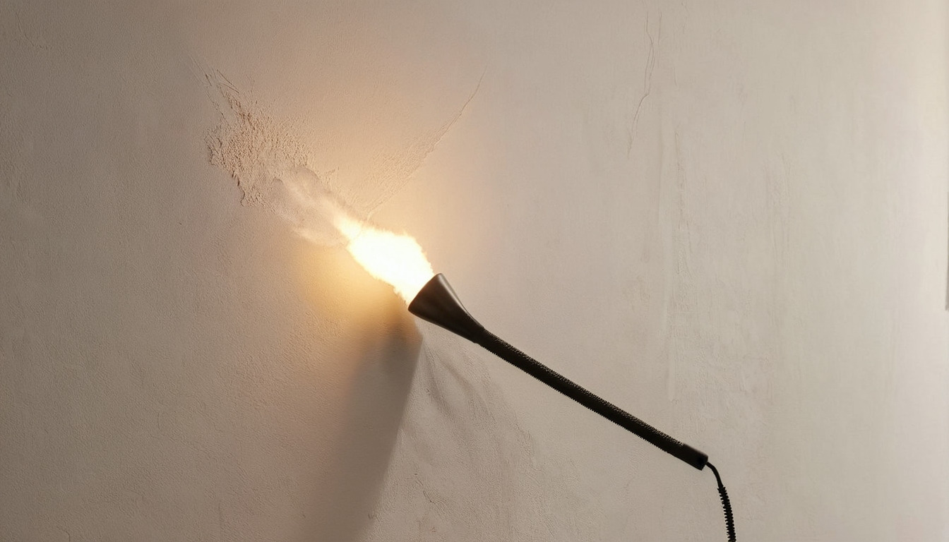 Torch beam raking across a plastered wall during inspection