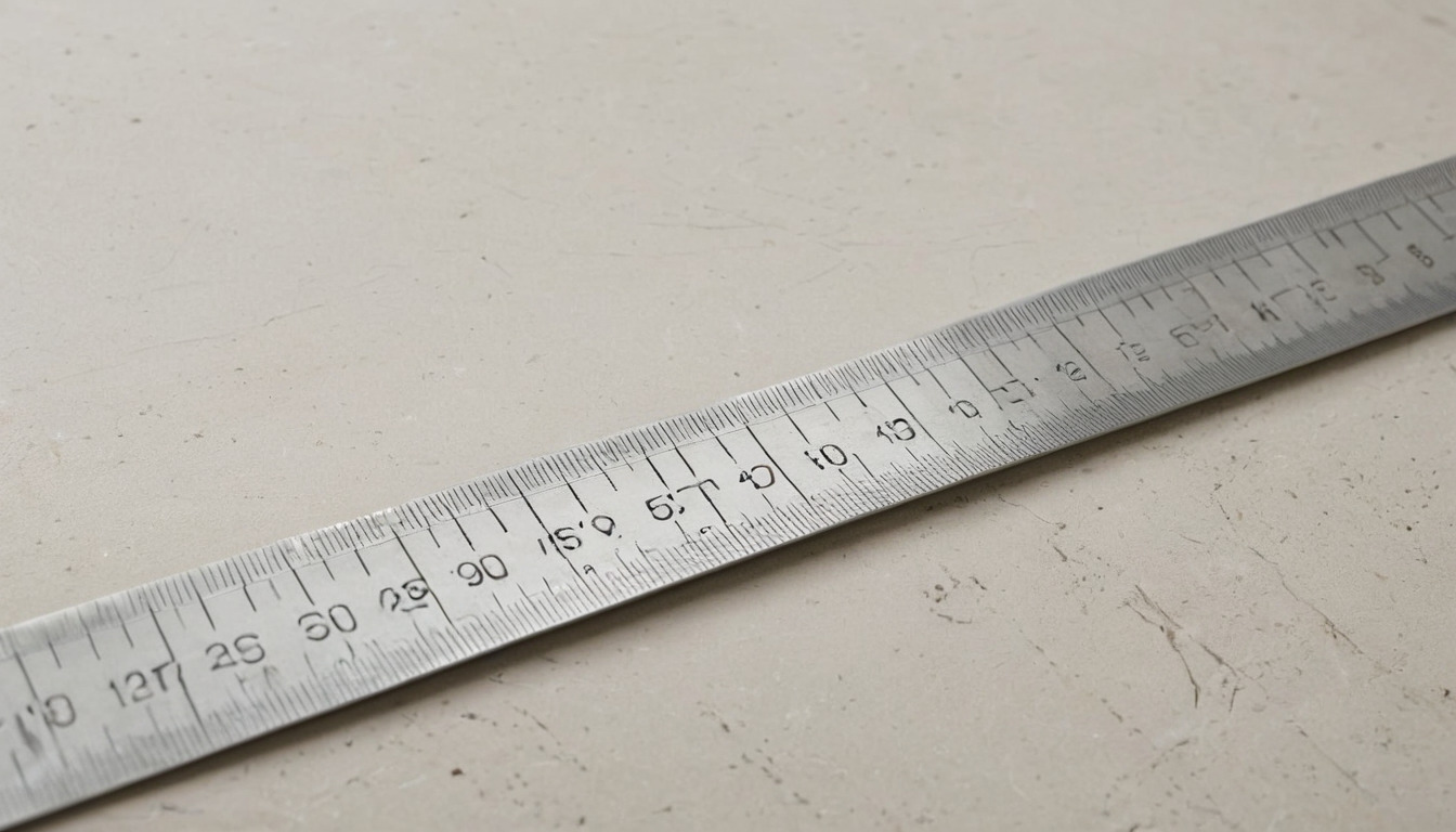Tape measure, scale ruler and sample tiles laid over a blank floor plan outline