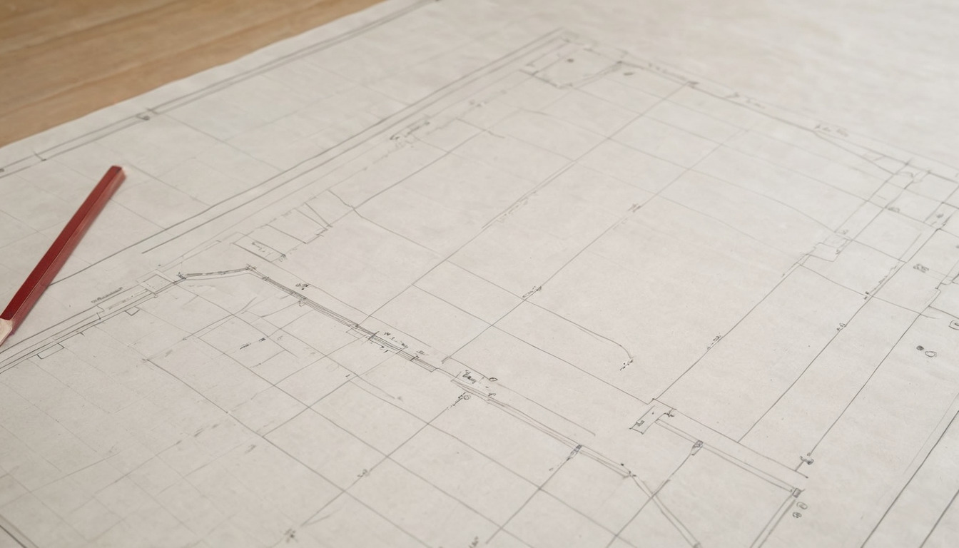 Blank pencil floor plan outline with dimension lines but no figures