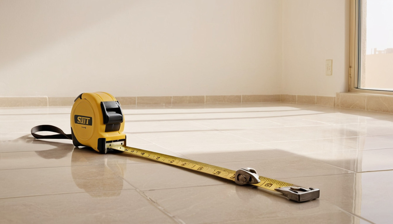 Tape measure stretched across an empty room floor to a far wall