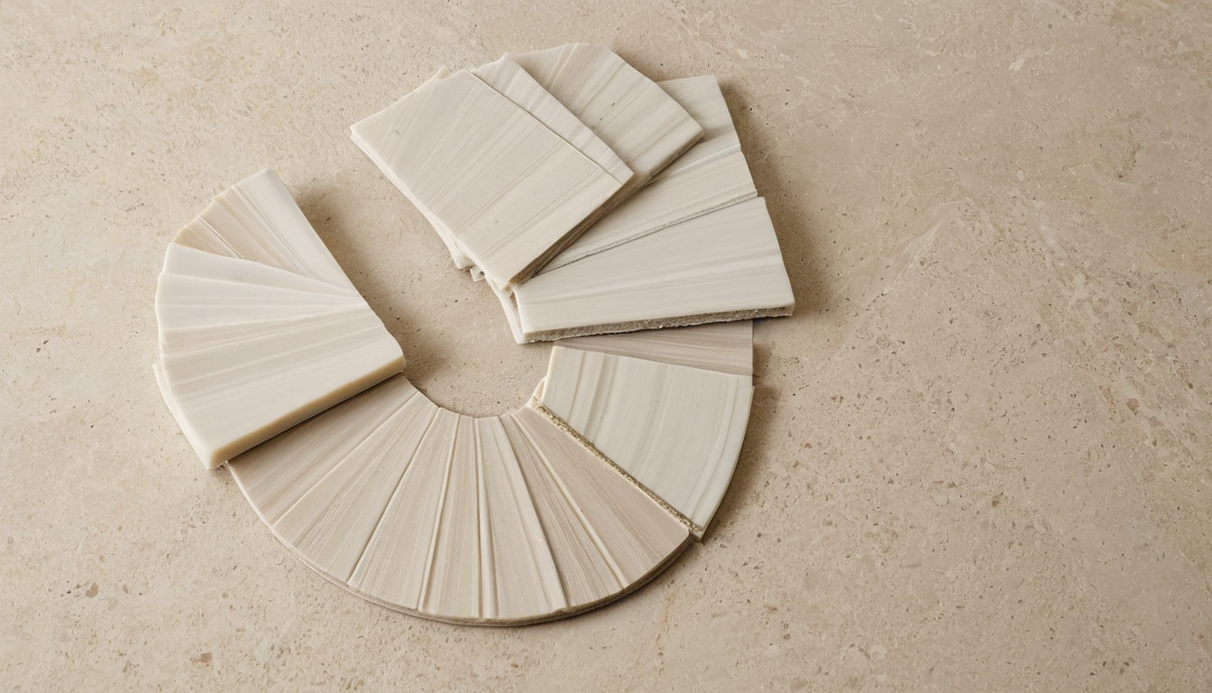 Hand holding nothing; square tile samples fanned on a stone floor